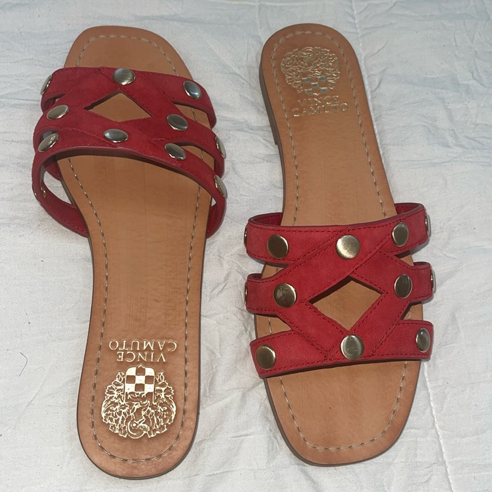 New Vince Camuto size 7.5M Red with Red with Gold buttons slides